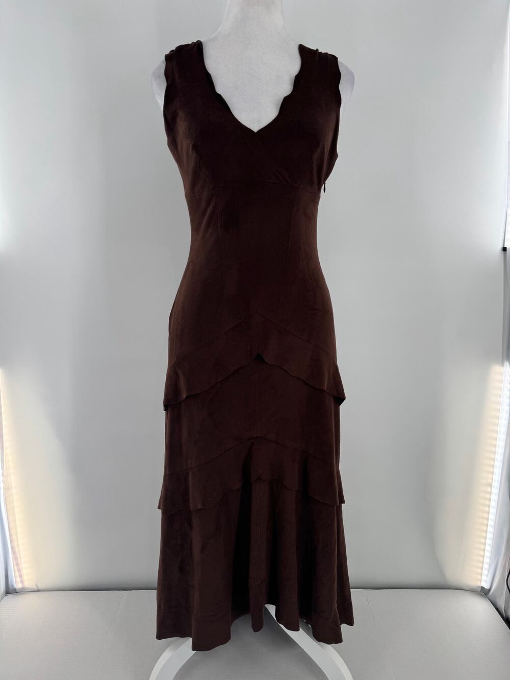 Bebe Vintage Y2K Brown Faux Suede Maxi Dress XS Tiered Ruffle Bodycon Made USA